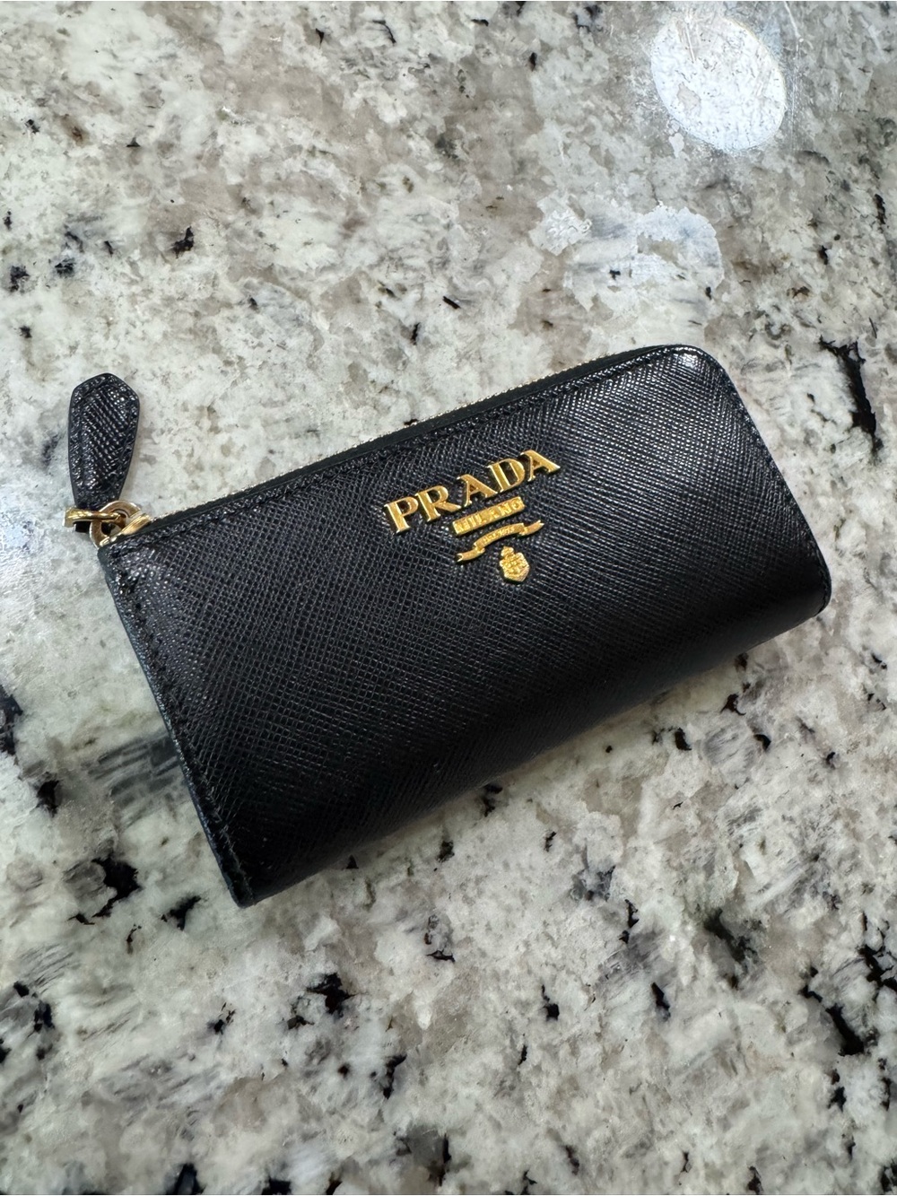 Authentic Prada Black Saffiano Zip Coin Purse Wallet with Removable Keychain